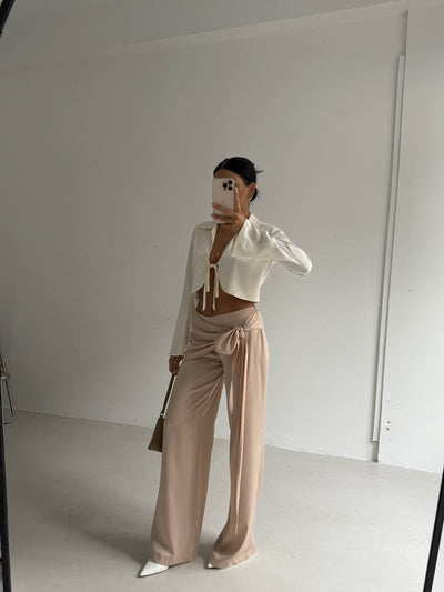 Bağcık Detaylı Saten Pantolon - Beyaz