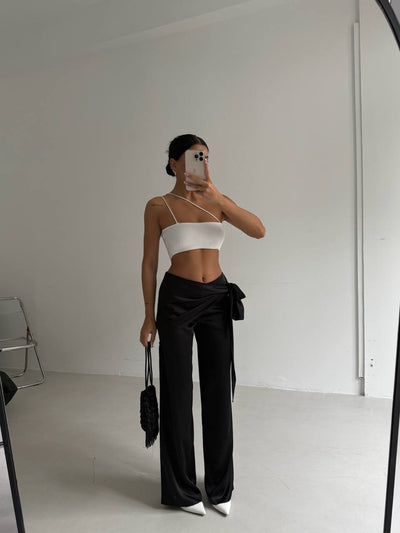 Bağcık Detaylı Saten Pantolon - Beyaz