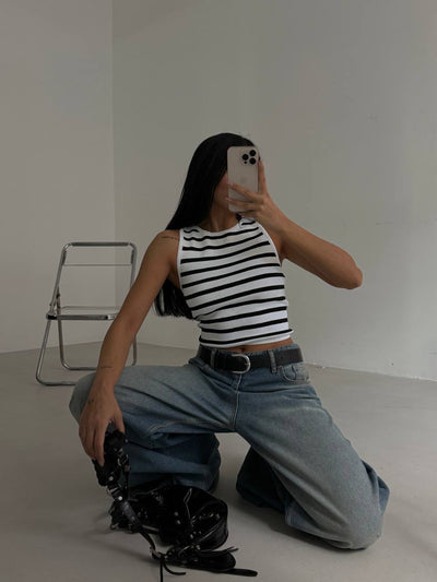 Halter Yaka Çizgili Crop