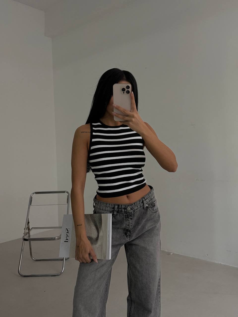 Halter Yaka Çizgili Crop
