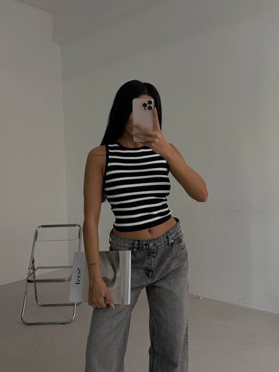 Halter Yaka Çizgili Crop