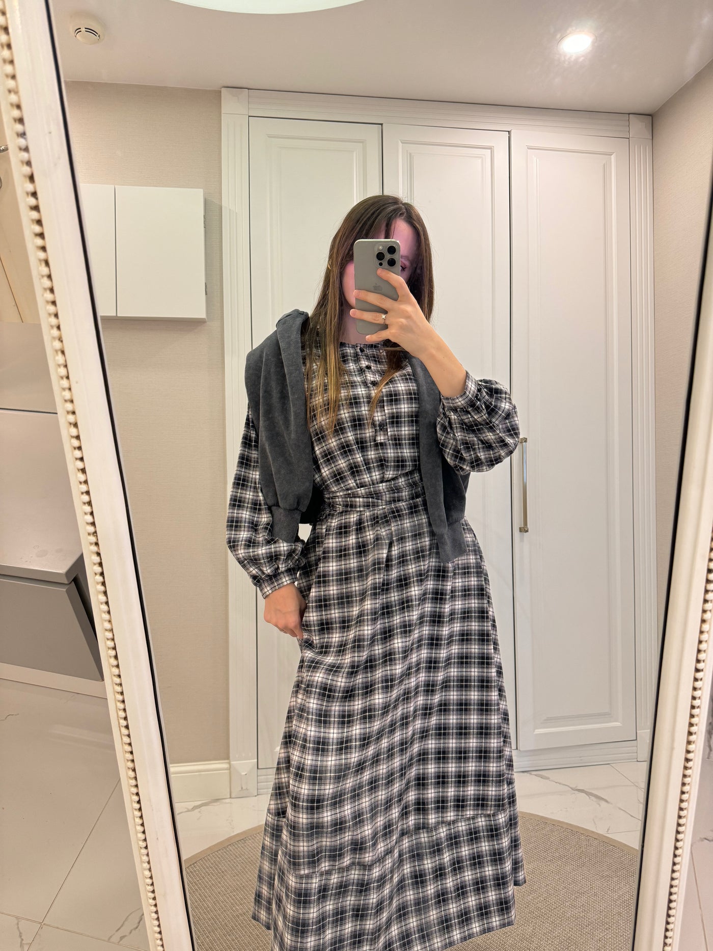 Ekose Desen Uzun Elbise