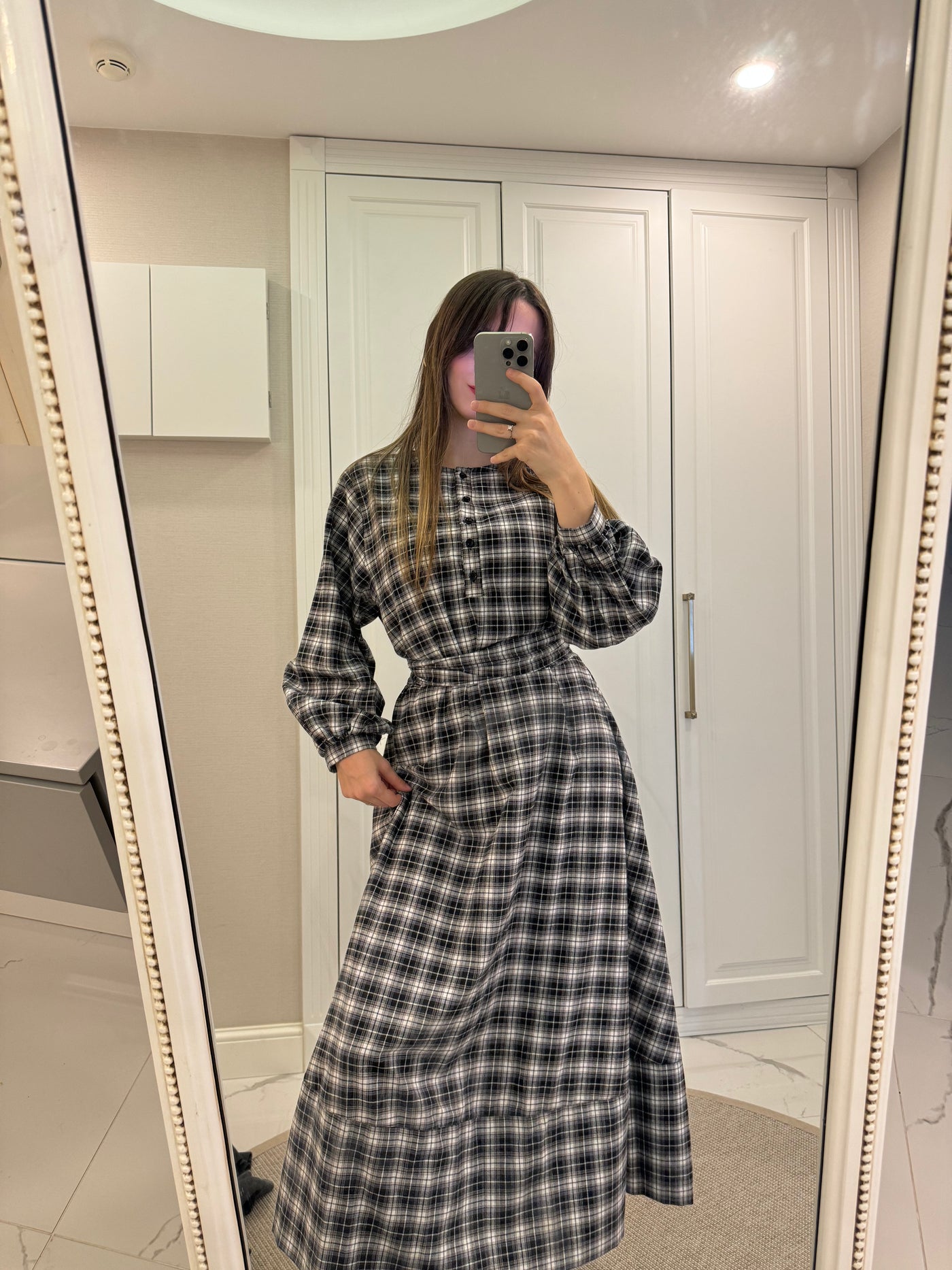 Ekose Desen Uzun Elbise