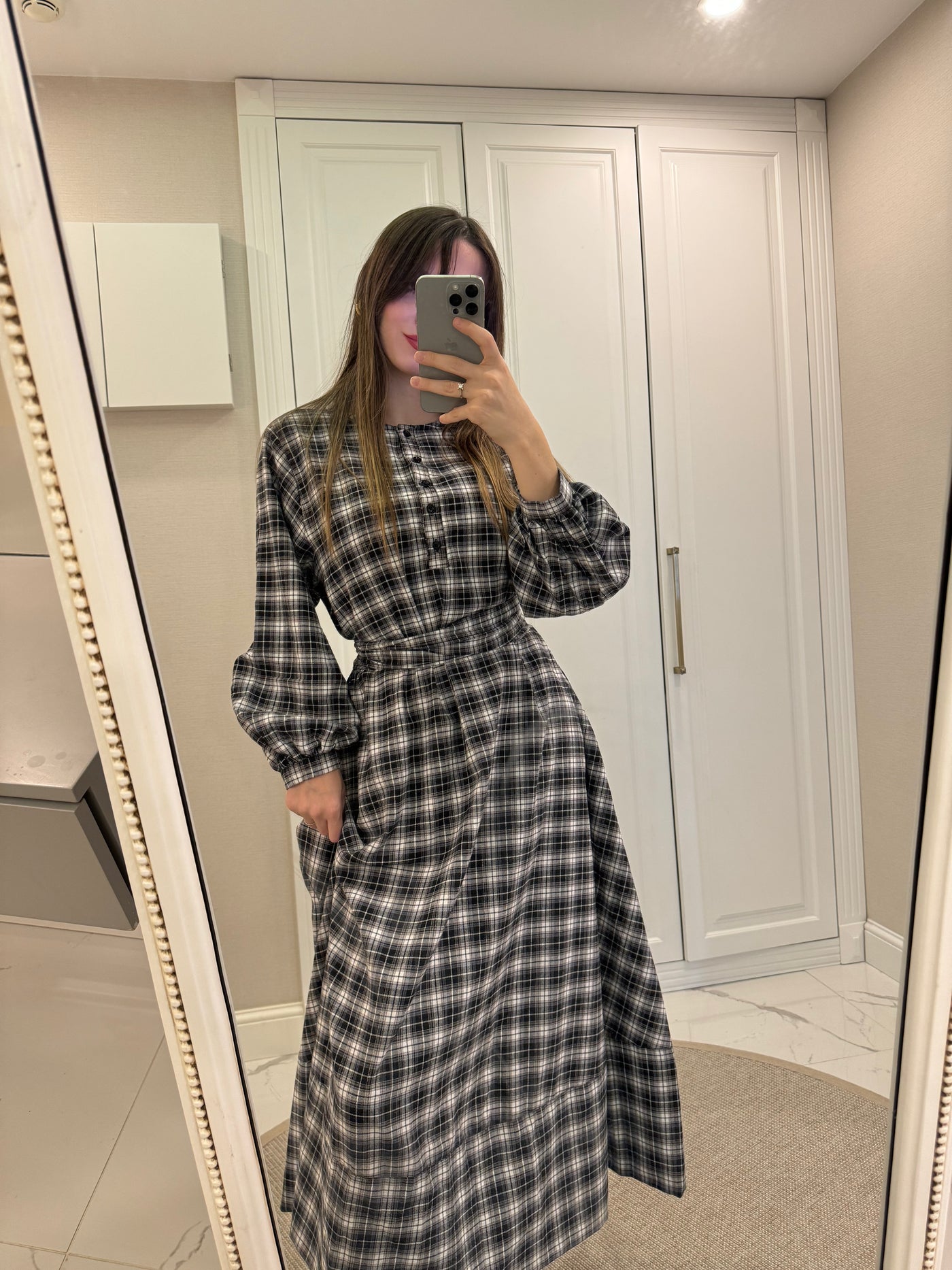 Ekose Desen Uzun Elbise