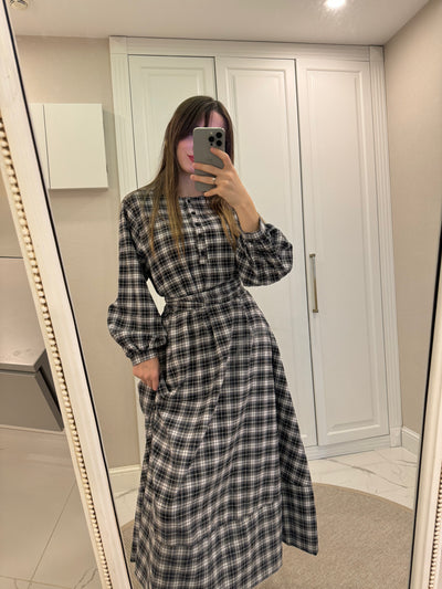 Ekose Desen Uzun Elbise