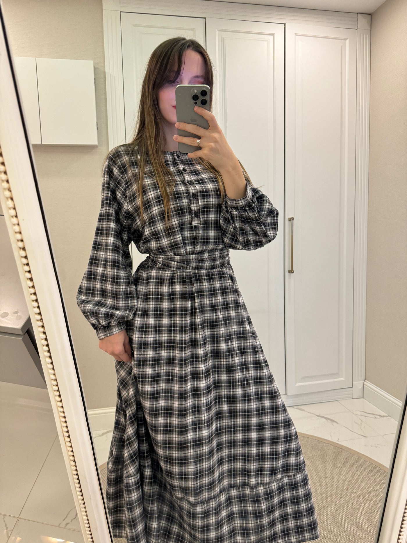 Ekose Desen Uzun Elbise