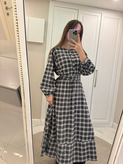 Ekose Desen Uzun Elbise