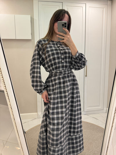 Ekose Desen Uzun Elbise