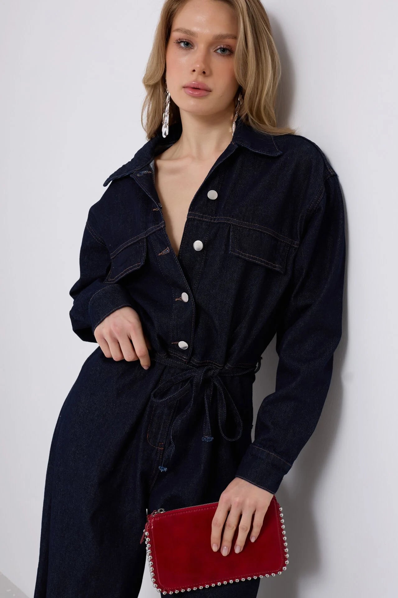 Düğme Detaylı Denim Lacivert Tulum