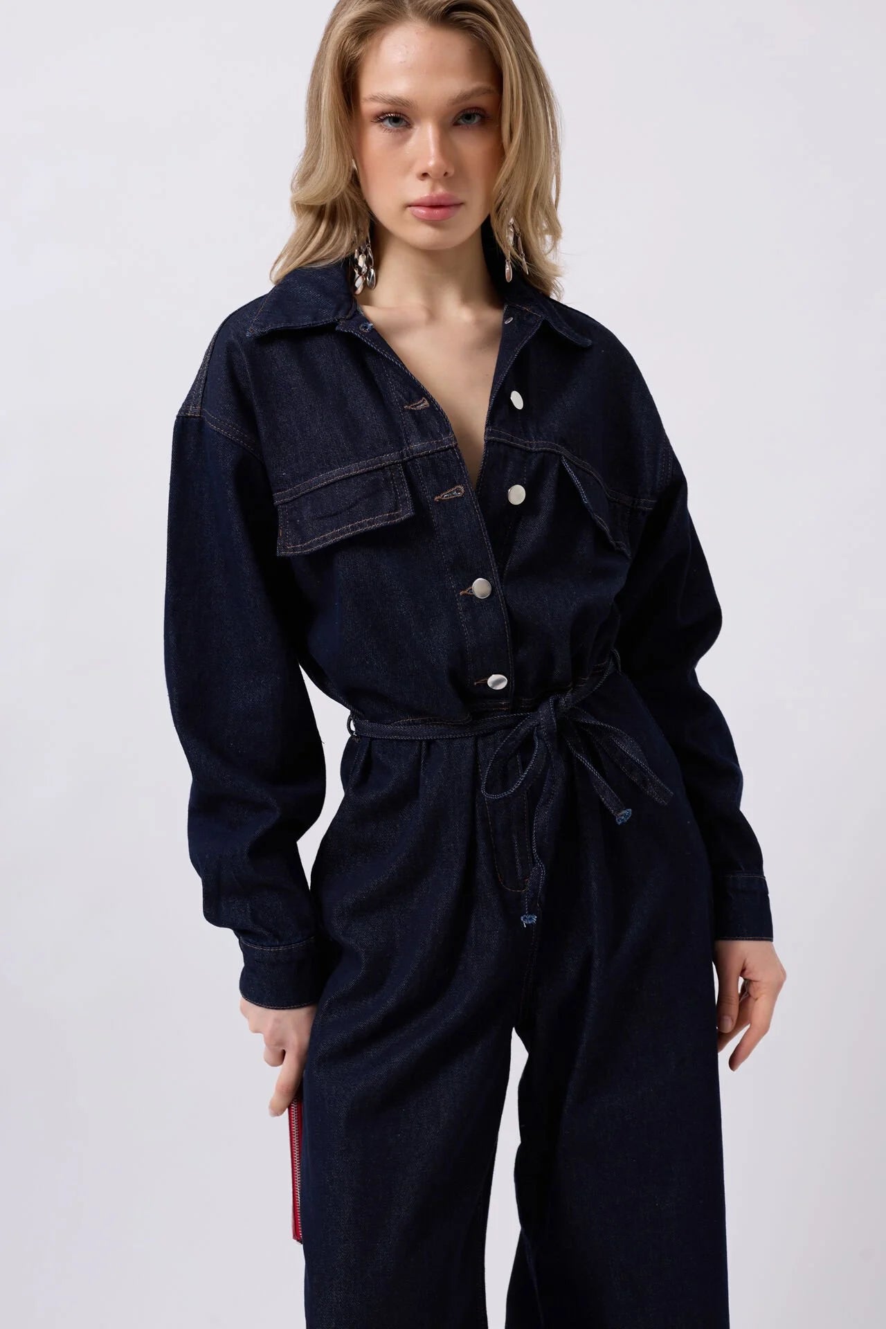 Düğme Detaylı Denim Lacivert Tulum