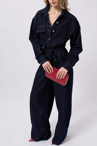 Düğme Detaylı Denim Lacivert Tulum