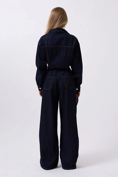 Düğme Detaylı Denim Lacivert Tulum